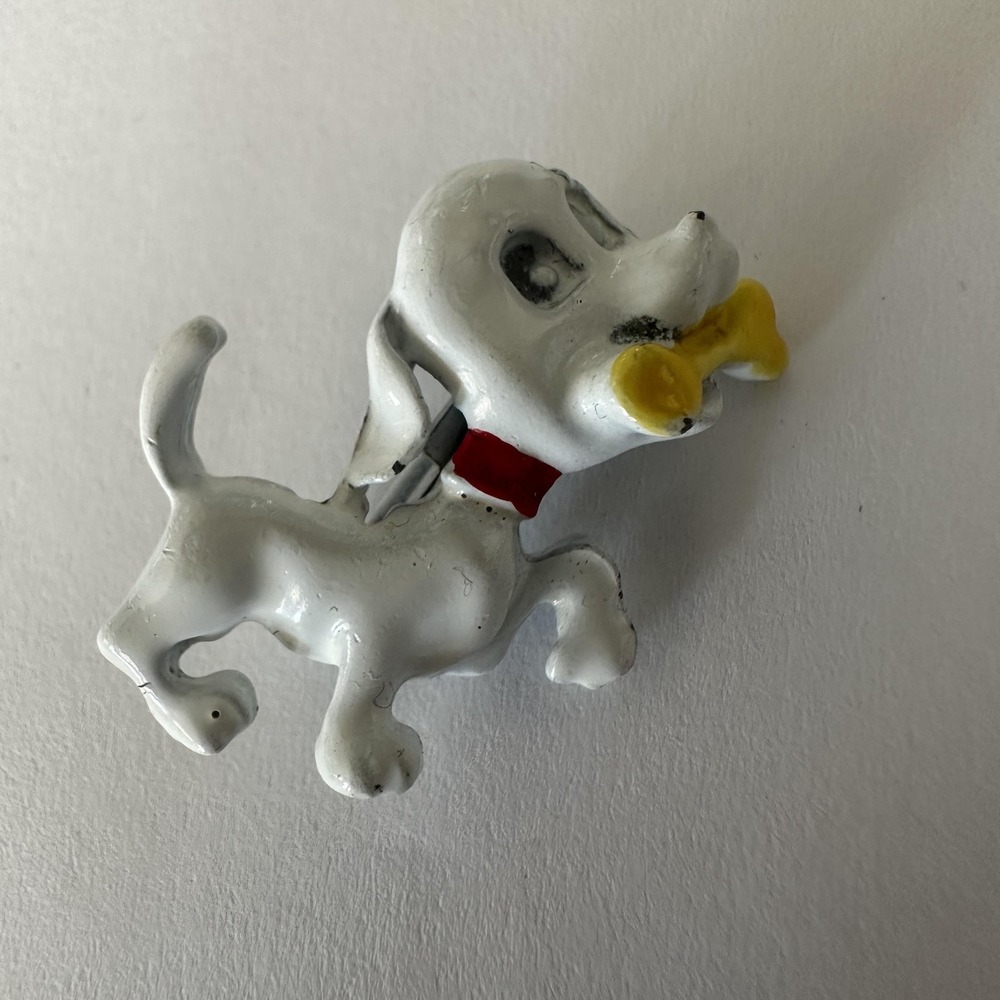 VTG 1960s White Dog Enamel Brooch Pin Yellow Bone Red Collar Animal Jewelry Cute